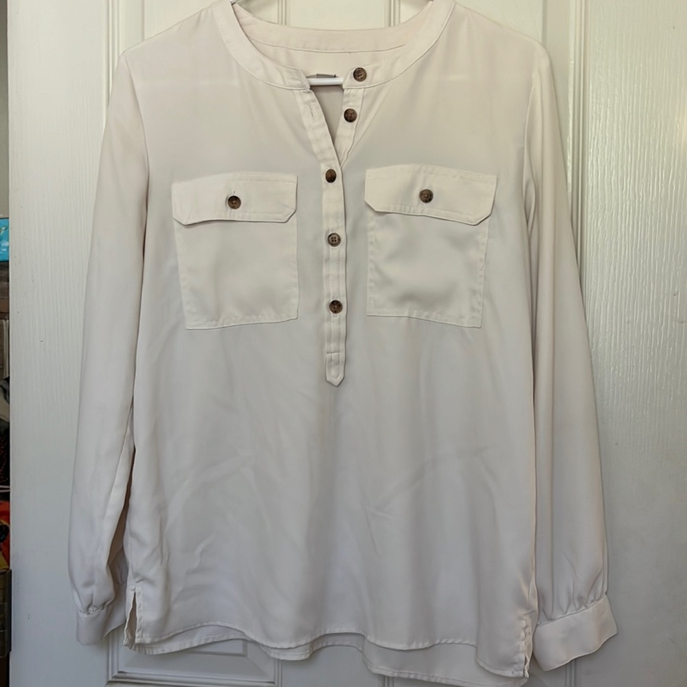 LOFT button pocket blouse- cream / tortoise
